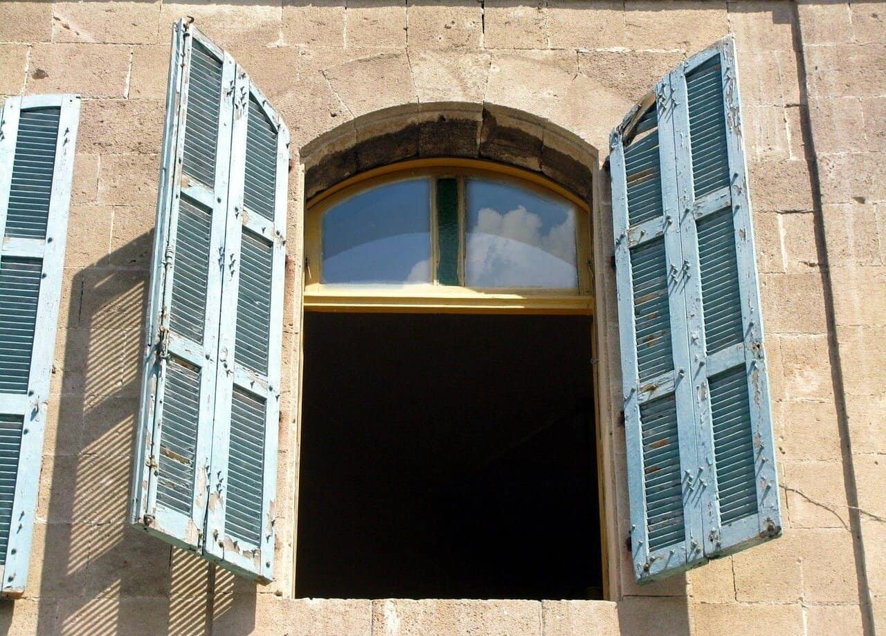 window, shutters, open, building, exterior, style, house, wood