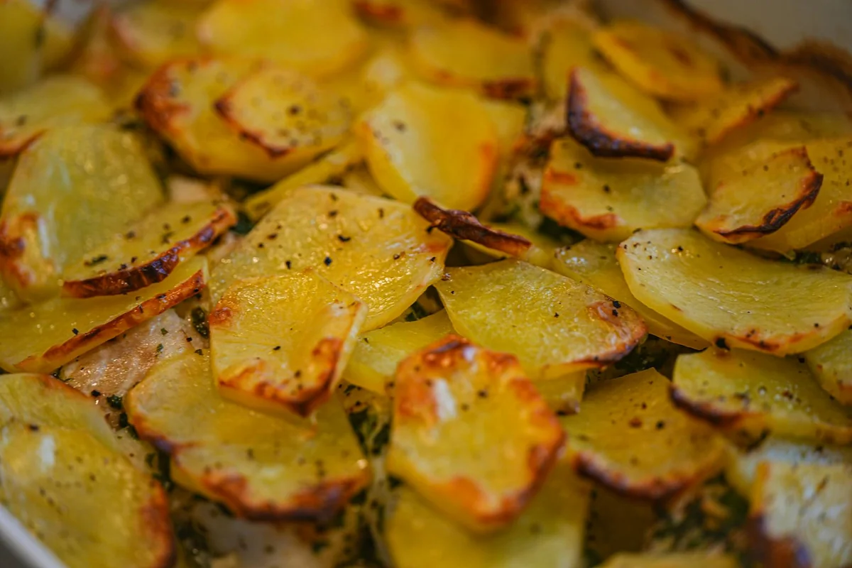 Golden roasted potato slices seasoned with herbs and pepper, cooked to crispy perfection.