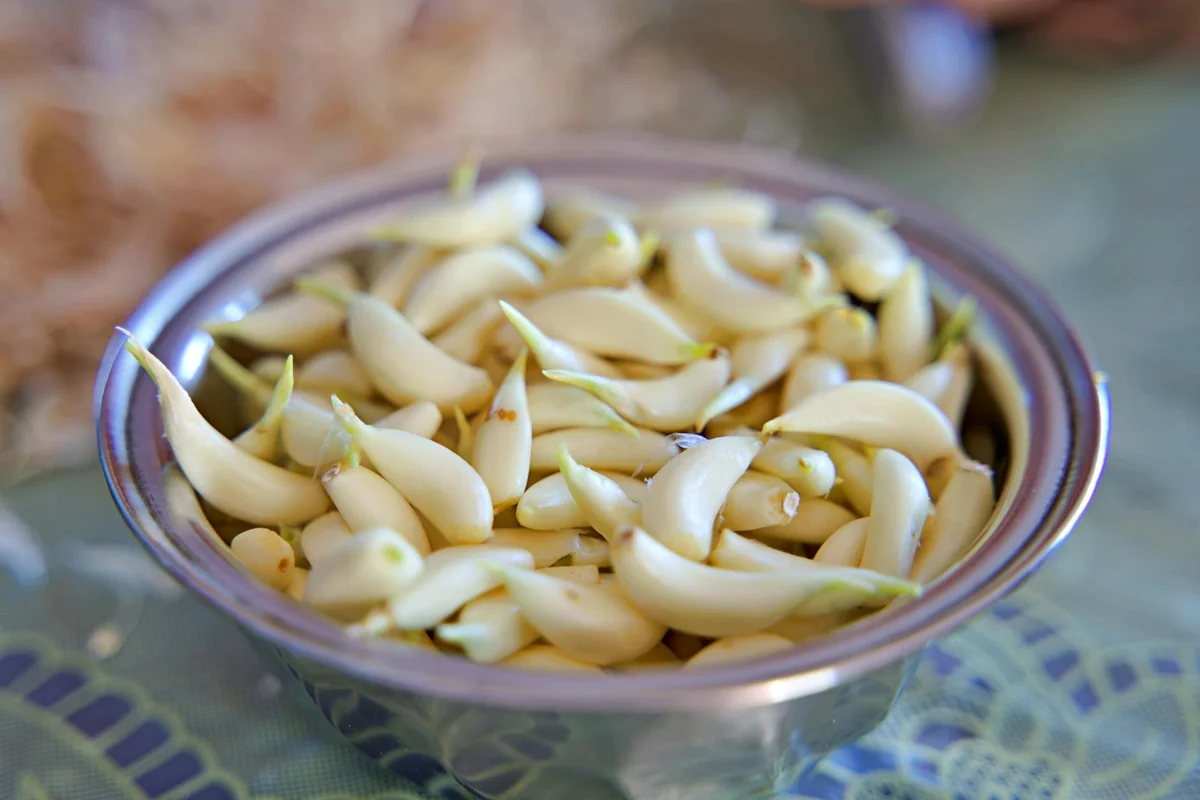 A close-up of fresh garlic bulbs in a metal bowl, showcasing their texture and natural color.