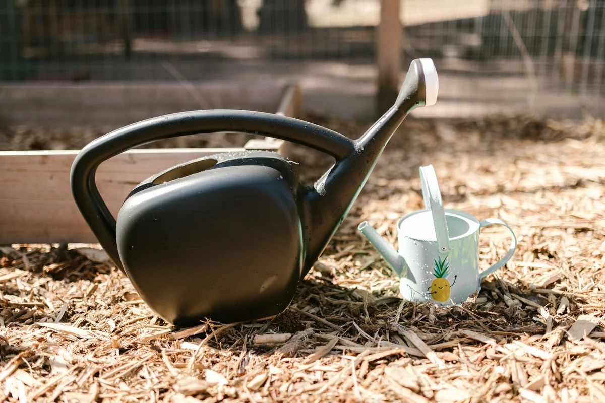 Close-up of a black watering can next to a cute metal can in a garden setting.