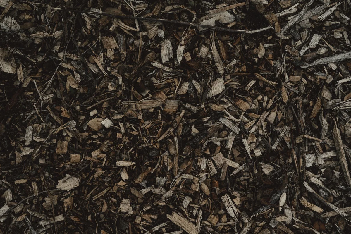 Detailed view of a natural wood chips texture, perfect for backgrounds or eco-themed designs.