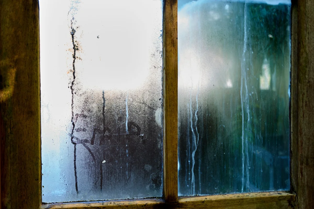 Close-up of a moist wooden window pane with condensation creating artistic streaks in Leiden, Netherlands.